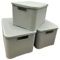 Rackhams Nature Inspired Home & Office Rattan Effect Storage Baskets With Lids - 2 x - Light Grey - thumbnail 1
