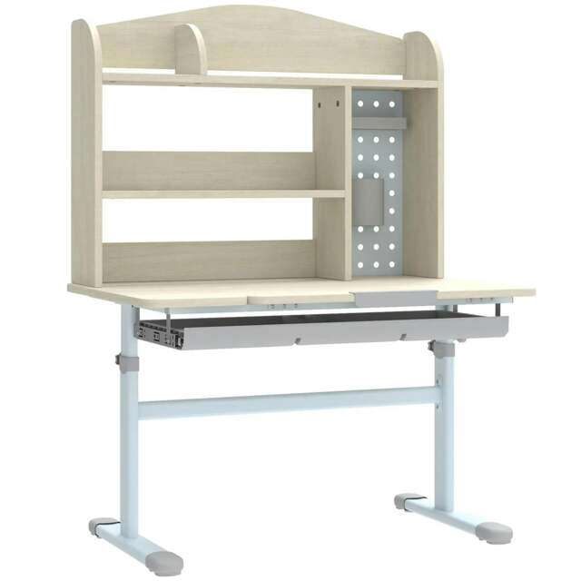 Rackhams Kids Desk Height Adjustable with Tilt-Desktop, Hutch, Drawer, Storage Shelf, Pegboard, for 3-12 Years Old, Natural