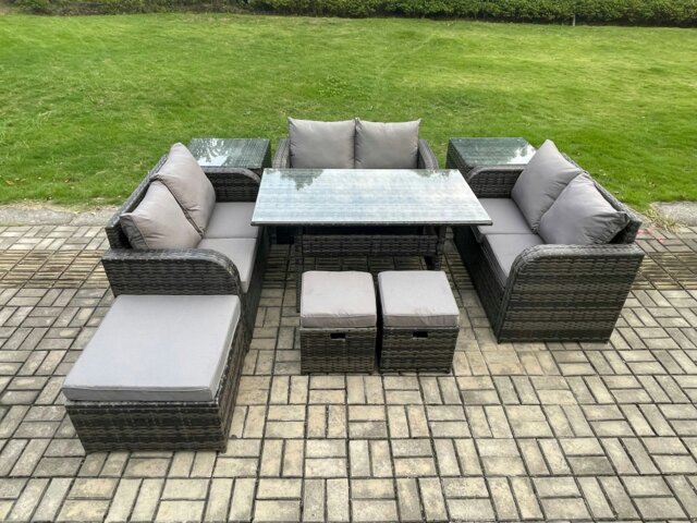 Rackhams 9 Pieces Outdoor Rattan Garden Furniture Set with Patio Rectangular Dining Table Love Sofa 2 Side Tables 3 Footstools Dark Grey Mixed - image 1