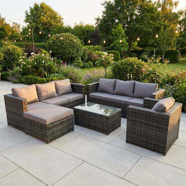 Rackhams 8 Seater Rattan Garden Furniture Set with 2 Sofas, Coffee Table, Armchair & Footstool - Dark Grey Mixed - image 1