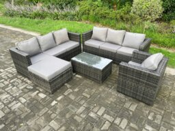 Rackhams 8 Seater Rattan Garden Furniture Set with 2 Sofas, Coffee Table, Armchair & Footstool - Dark Grey Mixed - thumbnail 2