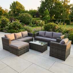 Rackhams 8 Seater Rattan Garden Furniture Set with 2 Sofas, Coffee Table, Armchair & Footstool - Dark Grey Mixed - thumbnail 1