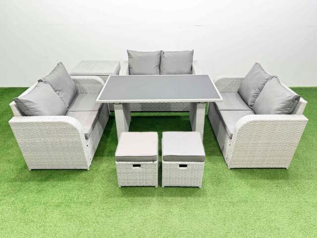 Rackhams 8 Seater Patio Garden Furniture Sets with Black Glass Top Dining Table Love Sofa Side Table 2 Small Stool Light Grey - image 1