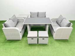 Rackhams 8 Seater Patio Garden Furniture Sets with Black Glass Top Dining Table Love Sofa Side Table 2 Small Stool Light Grey