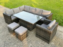 Rackhams 9 Seats Dark Mixed Grey Rattan Garden Furniture Corner Sofa Set Adjustable Dining Or Coffee Table Chair Left Corner - thumbnail 1
