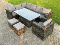 Rackhams 9 Seats Dark Mixed Grey Rattan Garden Furniture Corner Sofa Set Adjustable Dining Or Coffee Table Chair Left Corner - thumbnail 3