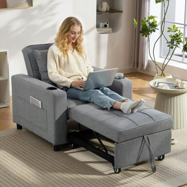 Rackhams 3-in-1 Sofa Bed, Convertible Sleeper Chair with Adjustable Backrest - Plastic - Dark grey - Linen-look polyester - image 1