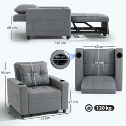 Rackhams 3-in-1 Sofa Bed, Convertible Sleeper Chair with Adjustable Backrest - Plastic - Dark grey - Linen-look polyester - thumbnail 3