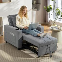 Rackhams 3-in-1 Sofa Bed, Convertible Sleeper Chair with Adjustable Backrest - Plastic - Dark grey - Linen-look polyester - thumbnail 1