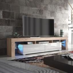 Rackhams Sleek 200cm Modern TV Unit  Cabinet Stand Oak High Gloss White Doors & Free LED Lights - 200 cm - 1 - Oak Matt Body & White Gloss Doors