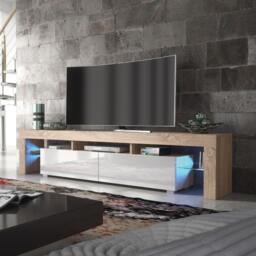 Rackhams Sleek 200cm Modern TV Unit  Cabinet Stand Oak High Gloss White Doors & Free LED Lights - 200 cm - 1 - Oak Matt Body & White Gloss Doors - thumbnail 6