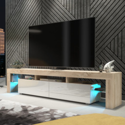 Rackhams Sleek 200cm Modern TV Unit  Cabinet Stand Oak High Gloss White Doors & Free LED Lights - 200 cm - 1 - Oak Matt Body & White Gloss Doors - thumbnail 2