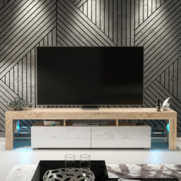 Rackhams Sleek 200cm Modern TV Unit  Cabinet Stand Oak High Gloss White Doors & Free LED Lights - 200 cm - 1 - Oak Matt Body & White Gloss Doors - thumbnail 3