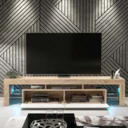 Rackhams Sleek 200cm Modern TV Unit  Cabinet Stand Oak High Gloss White Doors & Free LED Lights - 200 cm - 1 - Oak Matt Body & White Gloss Doors - thumbnail 4