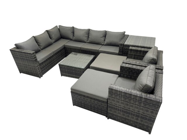 Rackhams Rattan Garden Furniture Patio Furniture Sets with Corner Sofa Square Coffee Table 2 Big Stool Dark Grey Mixed - image 1