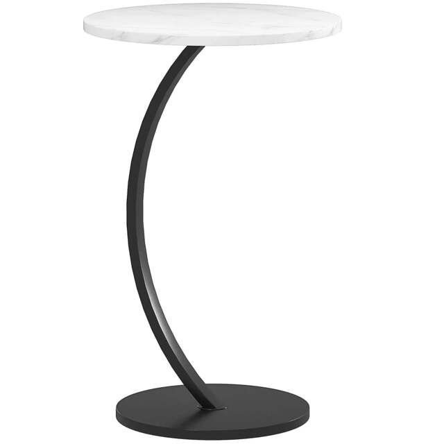 Rackhams C Shaped Side Table, Round Bedside Table with Marble Effect Top, Modern Coffee Table Sofa End Table, White