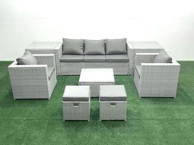 Rackhams 7 Seater Rattan Garden Furniture Set with 3 Seater Sofa 2 Chair Square Coffee Table 2 Small Footstools 2 Side Tables Light Grey Mixed - image 1