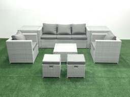 Rackhams 7 Seater Rattan Garden Furniture Set with 3 Seater Sofa 2 Chair Square Coffee Table 2 Small Footstools 2 Side Tables Light Grey Mixed - thumbnail 2