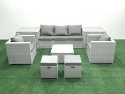 Rackhams 7 Seater Rattan Garden Furniture Set with 3 Seater Sofa 2 Chair Square Coffee Table 2 Small Footstools 2 Side Tables Light Grey Mixed - thumbnail 1