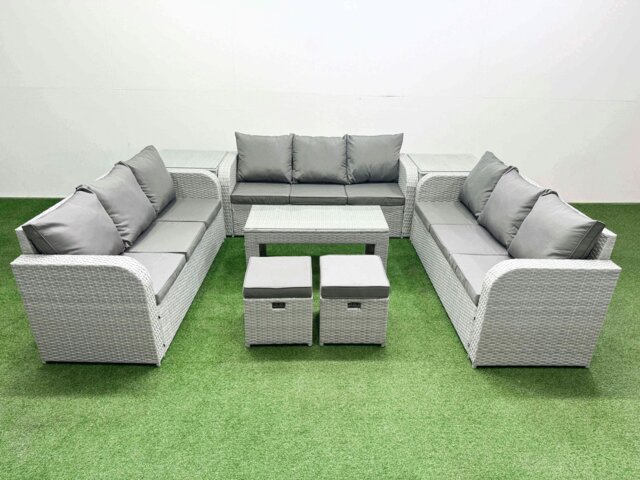 Rackhams PE Rattan Lounge Sofa Set 11 Seater Outdoor Garden Furniture Set with Oblong Coffee Table 3 Seater Sofa 2 Stools 2 Side Table Light Grey - image 1