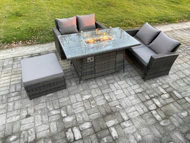 Rackhams 4 Pieces Garden Furniture Sets Poly Rattan Outdoor Patio Gas Fire Pit Dining Table Sofa Set with Big Footstool - image 1