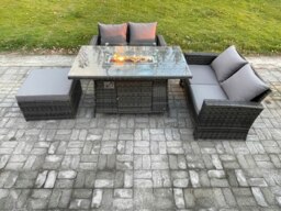 Rackhams 4 Pieces Garden Furniture Sets Poly Rattan Outdoor Patio Gas Fire Pit Dining Table Sofa Set with Big Footstool - thumbnail 2