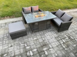 Rackhams 4 Pieces Garden Furniture Sets Poly Rattan Outdoor Patio Gas Fire Pit Dining Table Sofa Set with Big Footstool - thumbnail 1