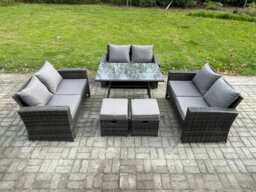 Rackhams Outdoor Lounge Sofa Set Wicker PE Rattan Garden Furniture Set with Rectangular Dining Table 2 Seat Sofa 2 Small Footstools Dark Grey Mixed - thumbnail 1