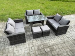 Rackhams Outdoor Lounge Sofa Set Wicker PE Rattan Garden Furniture Set with Rectangular Dining Table 2 Seat Sofa 2 Small Footstools Dark Grey Mixed - thumbnail 2