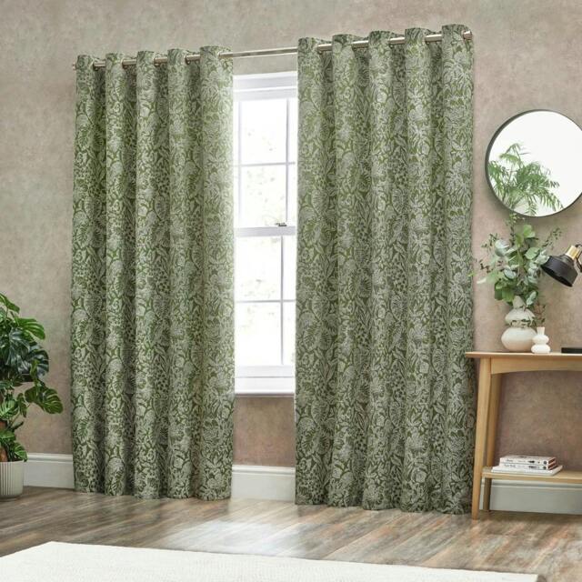 Rackhams Bali Jacquard Botanical Eyelet Curtains - Olive - 117cm x 183cm - Olive - 100% Polyester - image 1
