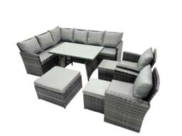 Rackhams 11 Seat Poly Rattan Outdoor Patio Oblong Dining Table Corner Sofa Set with 3 Stool 2 Chairs for Garden Backyard Dark Grey Mixed - thumbnail 2