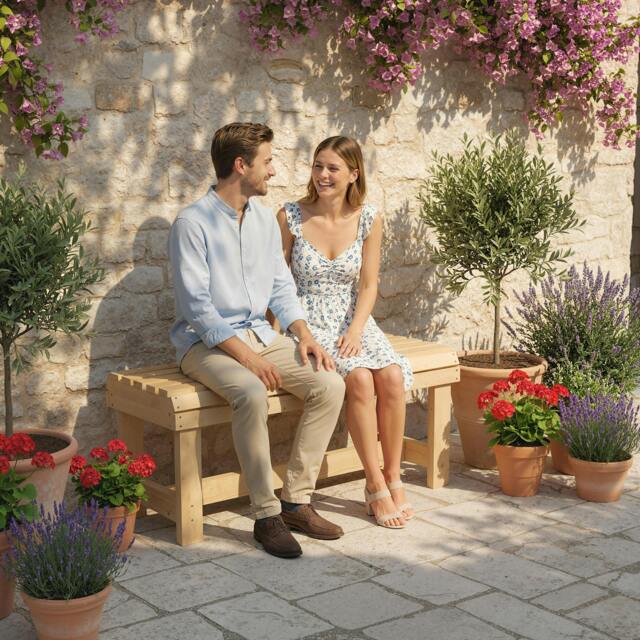 Rackhams Wooden Garden Bench, 2 Seater Slatted Outdoor Bench - Natural wood finish