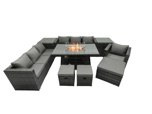 Rackhams Rattan Garden Furniture Fire Pit Dining Set 10 Seater Lounge Sofa Table Set with 2 side table 3 Footstool - image 1