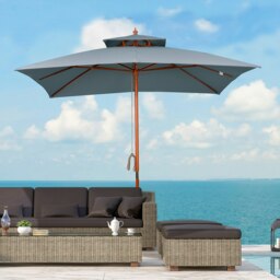 Rackhams Large Garden Parasol Square Patio Umbrella Sunshade Canopy with Double Tier 3 x 3m, 48mm Wooden Pole, 8 Ribs for Balcony, Dark Grey - Grey - 300cm x 300cm x 297cm - thumbnail 2