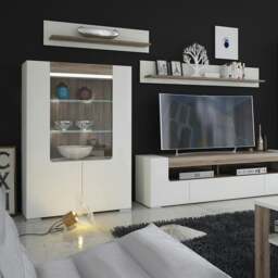 Rackhams Toronto Low glazed 2 door display cabinet with internal shelves (inc. Plexi Lighting) - Full Assembly Required - White & Oak - Matt - thumbnail 4
