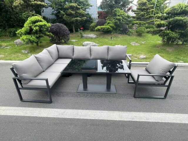 Rackhams Aluminum Outdoor Garden Furniture Corner Sofa Chair Adjustable Rising Lifting Dining Table Sets Dark Grey Black Tempered Glass 7 Seater