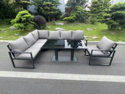 Rackhams Aluminum Outdoor Garden Furniture Corner Sofa Chair Adjustable Rising Lifting Dining Table Sets Dark Grey Black Tempered Glass 7 Seater - thumbnail 1