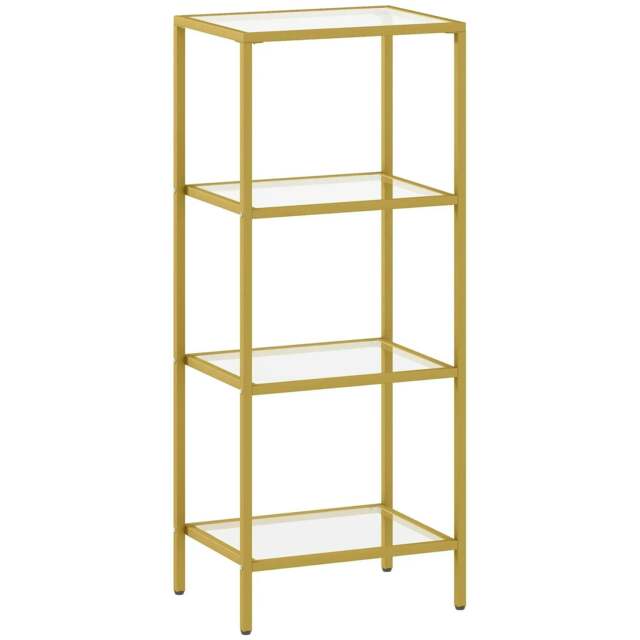 Rackhams 4-Tier Shelving Unit, Glass Shelf, Vertical Storage Shelf for Living Room, Home Office, Bedroom, Bathroom, Gold Tone