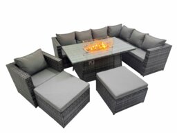Rackhams Garden Rattan Furniture Set 9 Seater Outdoor Corner Sofa Chair Gas Fire Pit Dining Table Set with 2 Big Stools Dark Grey - thumbnail 1