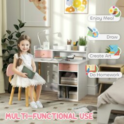 Rackhams Kids Desk and Chair Set, Children Study Table with Hutch, Storage Drawer, Shelves, for Studying, Reading & Drawing, Ages 3-8 Years Old - Pink - thumbnail 3