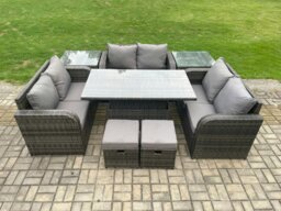 Rackhams Rattan Garden Outdoor Furniture 3 PC Love Sofa Set Patio Adjustable Rising lifting Dining Table With 2 Side Tables 2 Small Footstools - thumbnail 1
