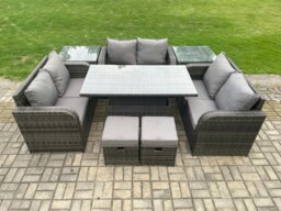 Rackhams Rattan Garden Outdoor Furniture 3 PC Love Sofa Set Patio Adjustable Rising lifting Dining Table With 2 Side Tables 2 Small Footstools - thumbnail 2