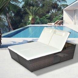 Rackhams 2 Seater Double Rattan Sun Lounger Recliner Day Bed Wicker Weaver Sofa - Cream - Rattan - 197L x 130W x (52-97)H (cm) - thumbnail 1