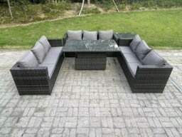 Rackhams 9 Seater Outdoor Rattan Garden Furniture Sofa Set Patio Adjustable Rising Lifting Dining Table Set with Side Table Dark Grey Mixed - thumbnail 1