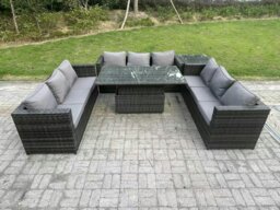 Rackhams 9 Seater Outdoor Rattan Garden Furniture Sofa Set Patio Adjustable Rising Lifting Dining Table Set with Side Table Dark Grey Mixed - thumbnail 2