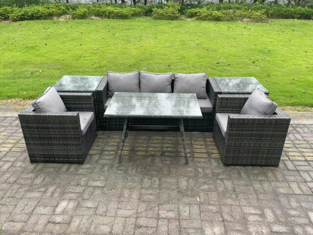 Rackhams 5 Seater Rattan Outdoor Furniture Garden Dining Set with Oblong Dining Table 2 Armchairs 2 Side Tables Dark Grey Mixed - image 1