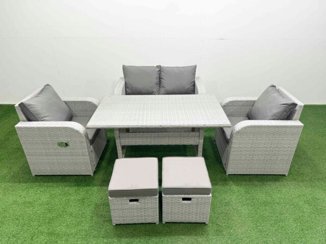 Rackhams Light Grey PE Wicker Rattan Garden Furniture Set Sofa Set Reclining Chair Rectangular Dining Table 6 Seater 2 Small Stools - image 1