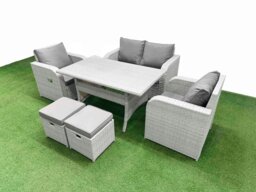 Rackhams Light Grey PE Wicker Rattan Garden Furniture Set Sofa Set Reclining Chair Rectangular Dining Table 6 Seater 2 Small Stools - thumbnail 2