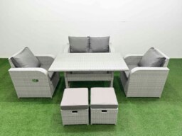 Rackhams Light Grey PE Wicker Rattan Garden Furniture Set Sofa Set Reclining Chair Rectangular Dining Table 6 Seater 2 Small Stools - thumbnail 1
