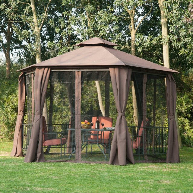 Rackhams 3 x 3(m) Gazebo Canopy 2 Tier Patio Shelter Steel for Garden Brown - Brown - Steel, polyester fabrics - 294cm x 294cm x 280 cm